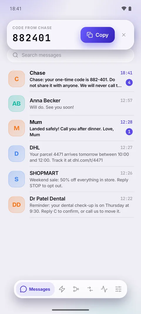 A one-time code from Chase shown large at the top of Relay's inbox, with a Copy button.