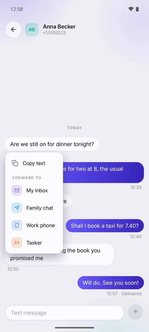 A long-press menu on a text, with Copy text and a Forward to list of destinations.