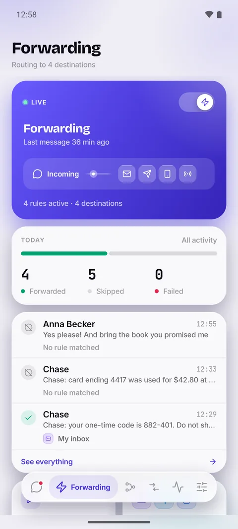 The Forwarding tab: forwarding is live, four rules route to four destinations, with today's counts and recent texts.