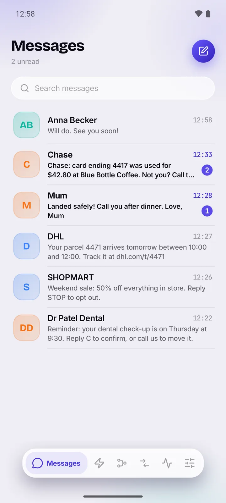 Relay's inbox: conversations with Anna Becker, Chase, Mum, DHL and others, with contact names, unread counts and a search field.