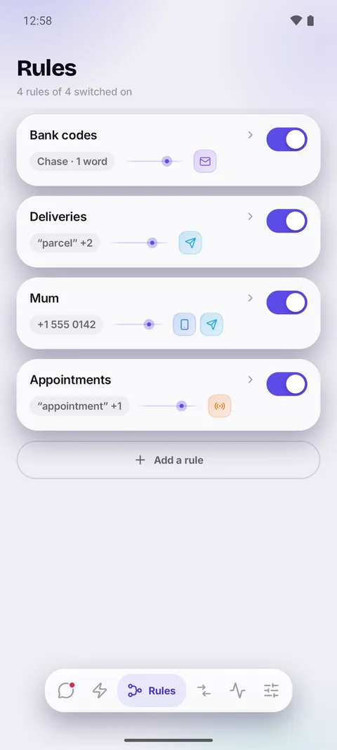 The Rules tab with four rules, bank codes, deliveries, Mum and appointments, each drawn as a route to its destinations.
